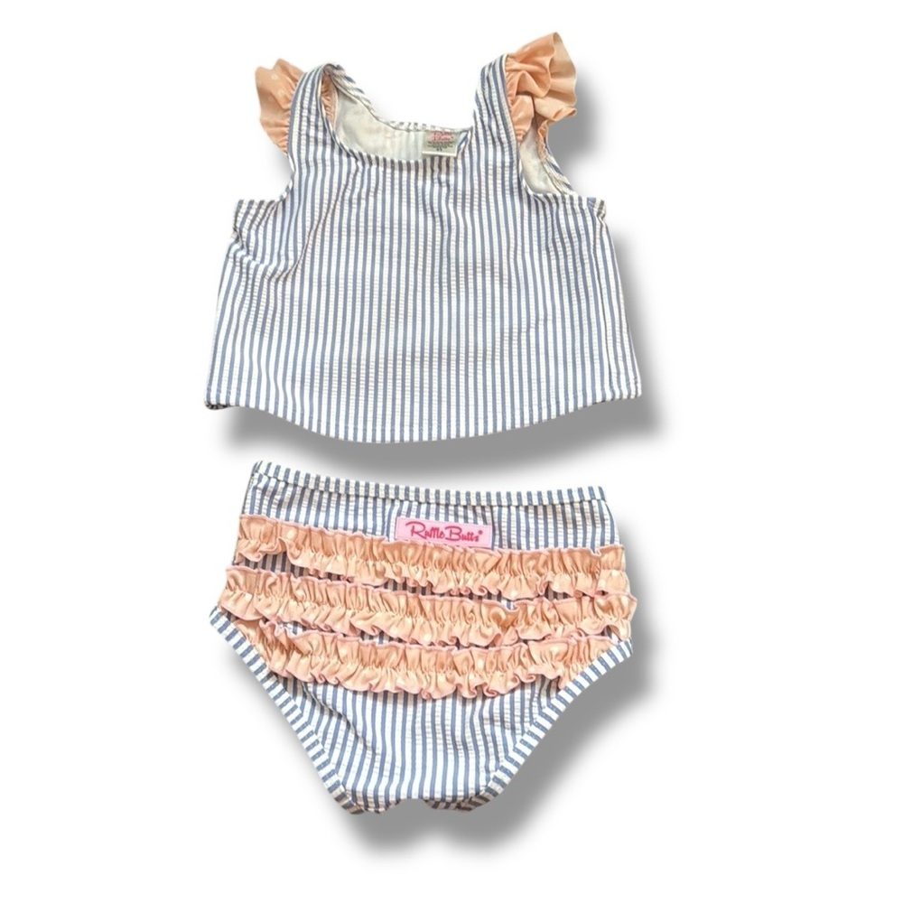 Ruffle Butts Striped Swim Set Toddler Girl’s Size 4T Blue White‎ Peach Ruffle